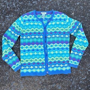 Vintage 1990’s Talbots Blue Teal Cotton Wave-Pattern Cardigan